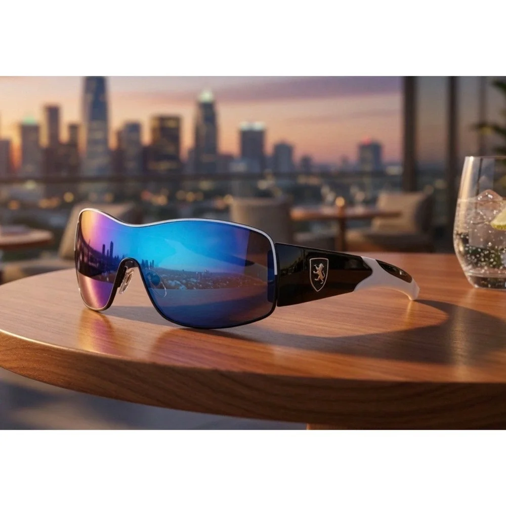 Women Shield Sunglasses Blue Mirrored Black White‎ Wraparound Frame Lentes Gafas